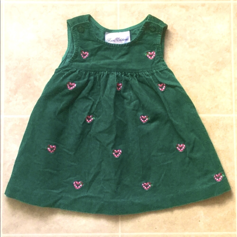 Rare Editions Green Corduroy Dress with Pink Heart Embroidery